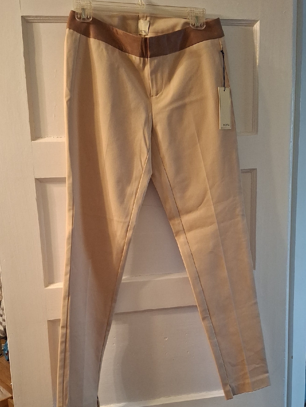 Beige Riding-Inspired Ponte Leggings with Brown Waistband